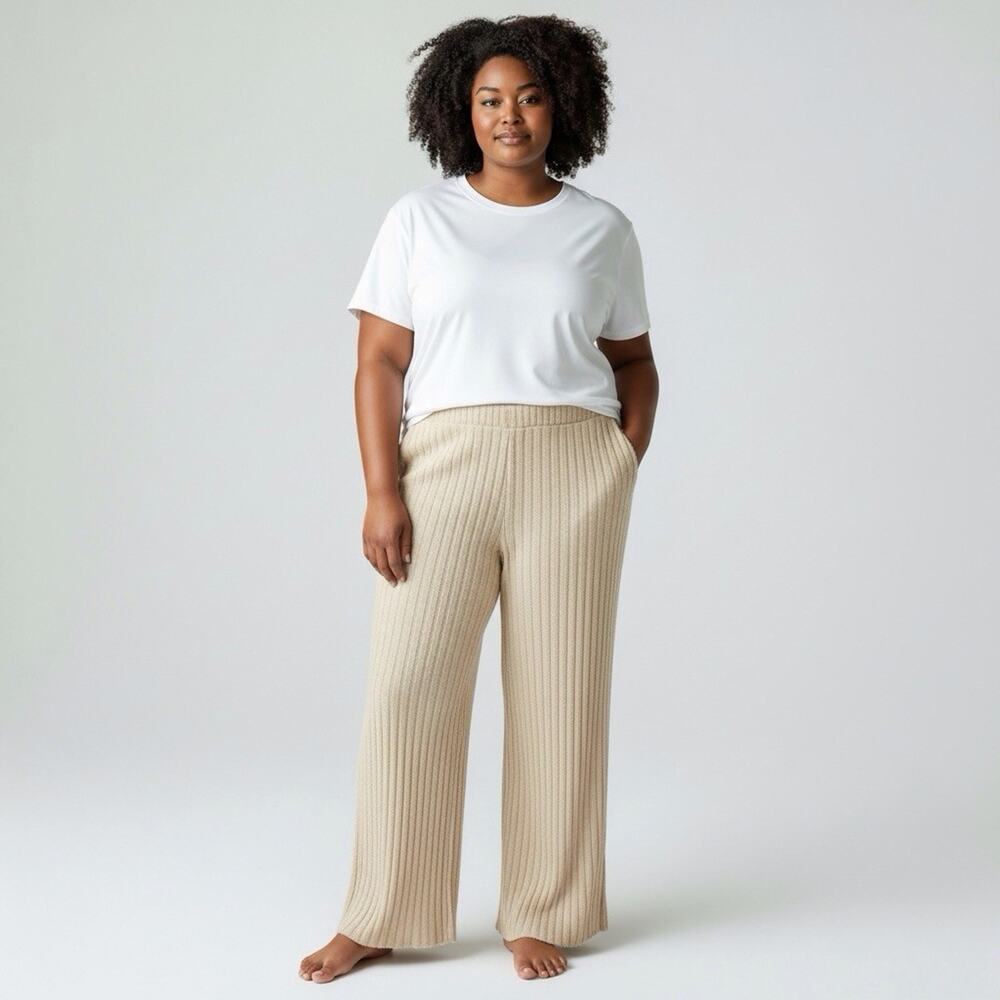 Joyspun Sleepwear Ribbed Wide-Leg Pants Almond W Side Pockets Size L (14-16)